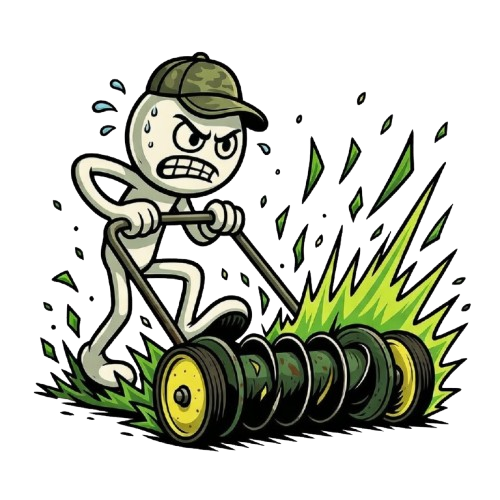 Grasswhoopin' mascot — angry stick figure aggressively pushing a reel mower